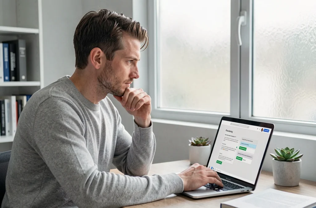 Jeune professionnel en télétravail répondant à un quiz d'orientation de carrière sur une plateforme de mentorat en ligne