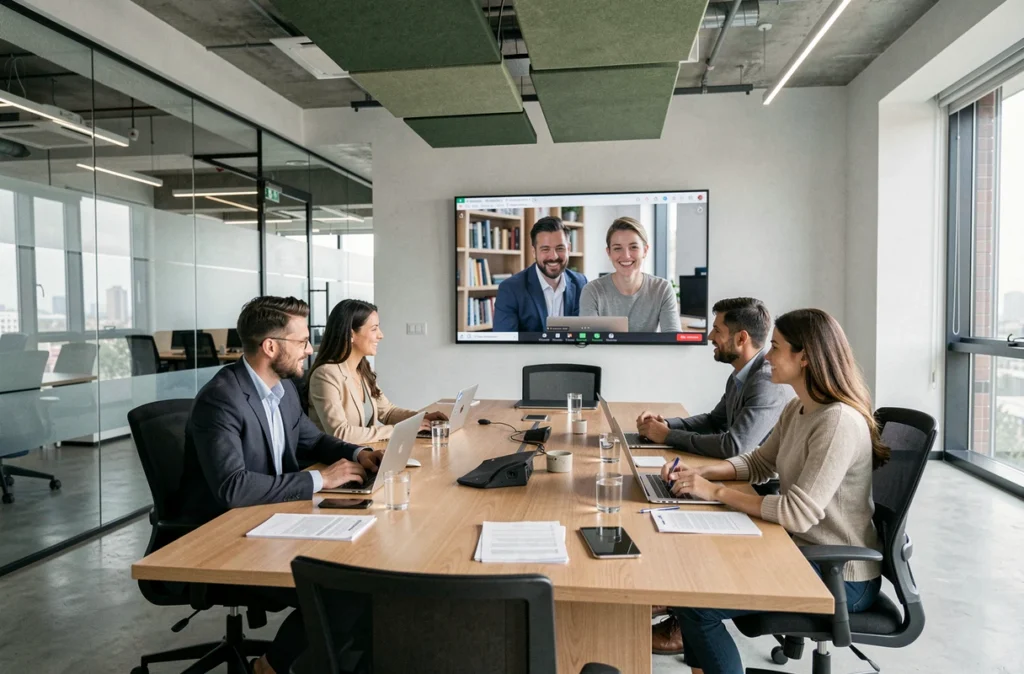 Réunion hybride en entreprise combinant collaborateurs présents et participants en visioconférence