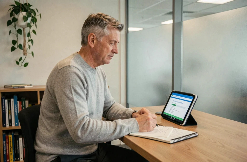 Salarié en autoformation e-learning sur tablette dans un espace de travail calme pendant une transition professionnelle