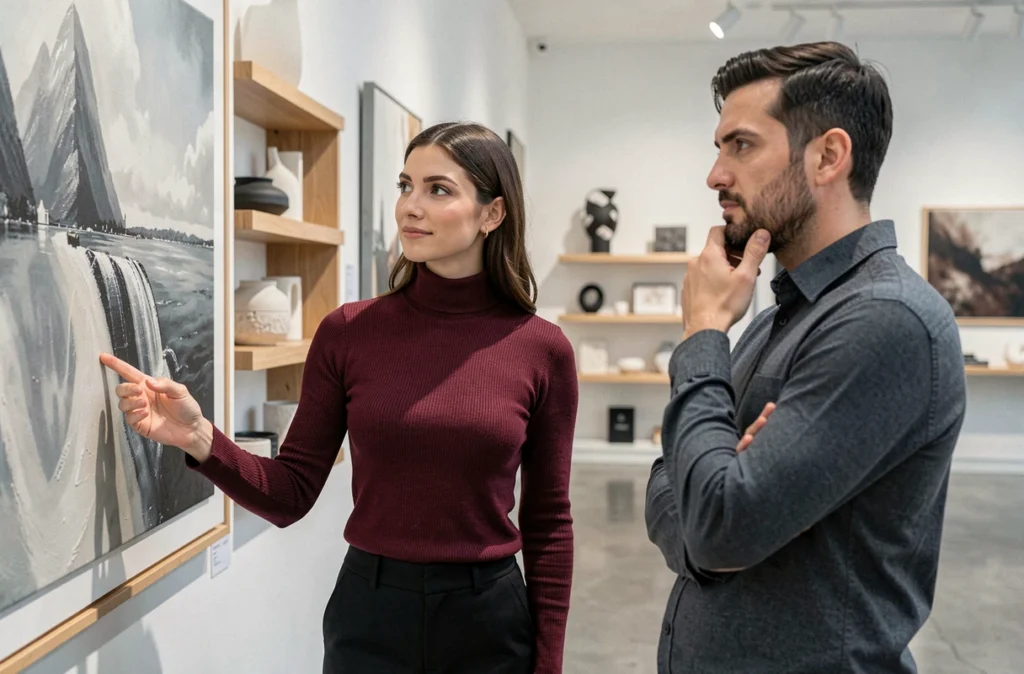 Une vendeuse guide un client visuel dans un showroom de décoration en analysant ses réactions sensorielles pour adapter son discours commercial VAKOG