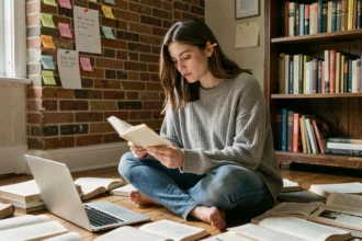 Jeune femme autodidacte assise entourée de livres ouverts et de notes manuscrites dans un espace d'étude cosy à domicile