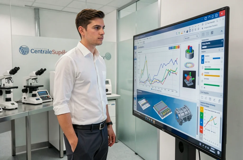 Étudiant de CentraleSupélec interagissant avec une simulation d'ingénierie sur écran tactile