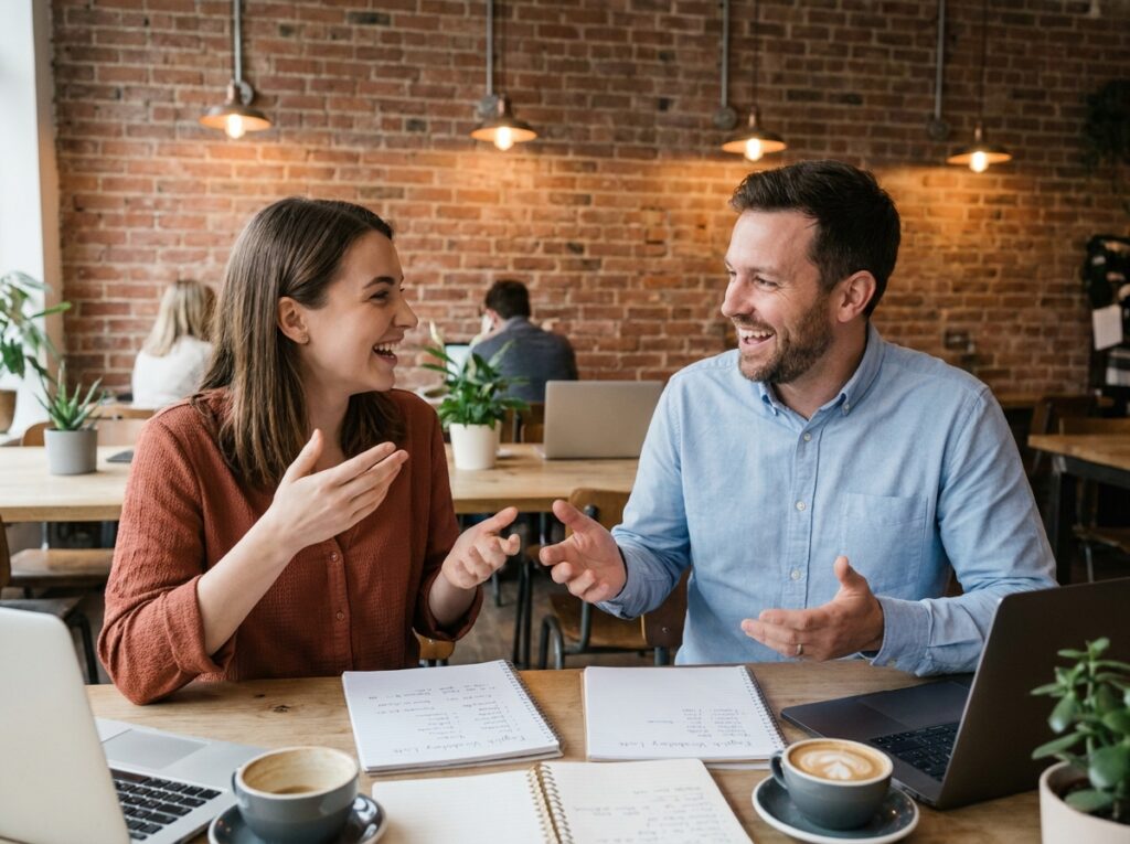 Deux collègues s'entraînant à converser en anglais professionnel dans un espace de travail collaboratif