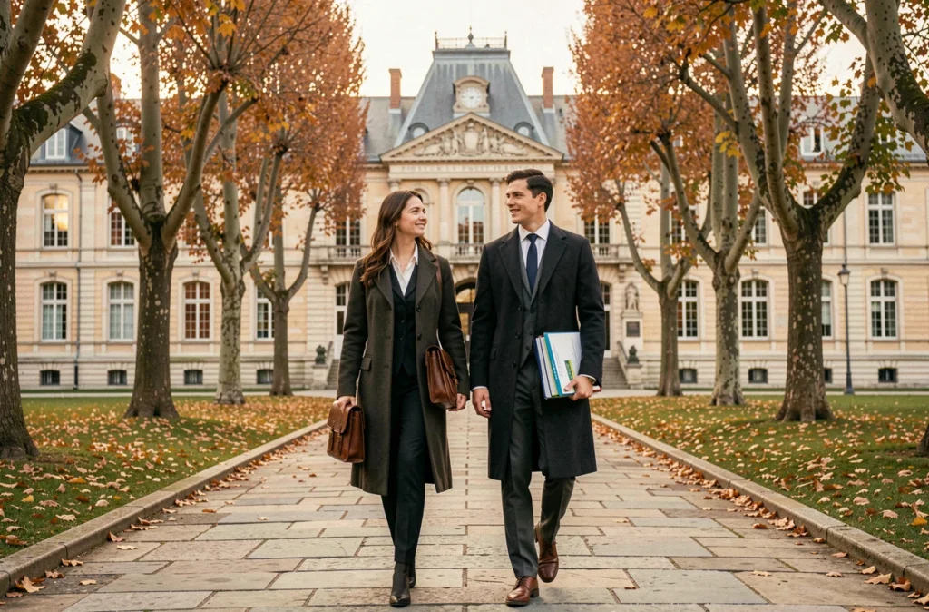 Étudiants de l'École Polytechnique marchant sur le campus historique de Palaiseau en automne