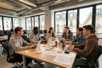 Étudiants en informatique travaillant ensemble dans une école de code moderne à Paris