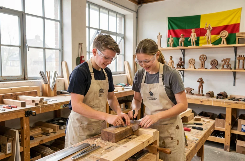 Deux élèves en tabliers de travail fabriquant un produit dans un atelier d'une École de Production de Normandie