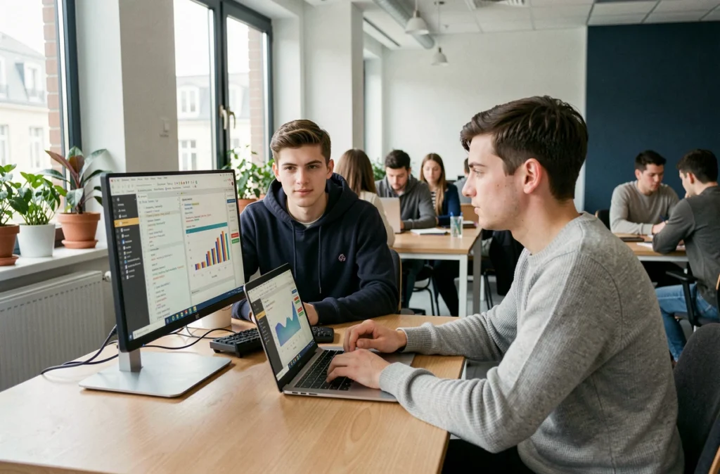 Deux étudiants de l'EFREI Paris travaillant sur un projet de data science en espace co-working