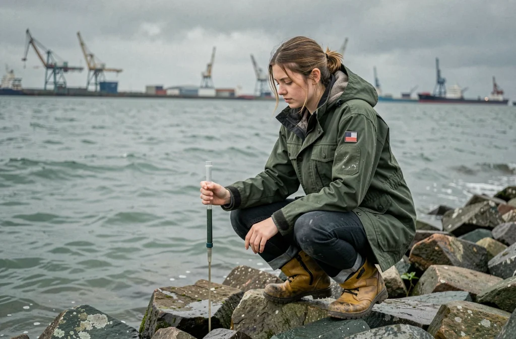 Étudiante de l'EILCO Boulogne-sur-Mer prélevant des échantillons sur le littoral dans le cadre d'un parcours en sciences appliquées et environnement marin