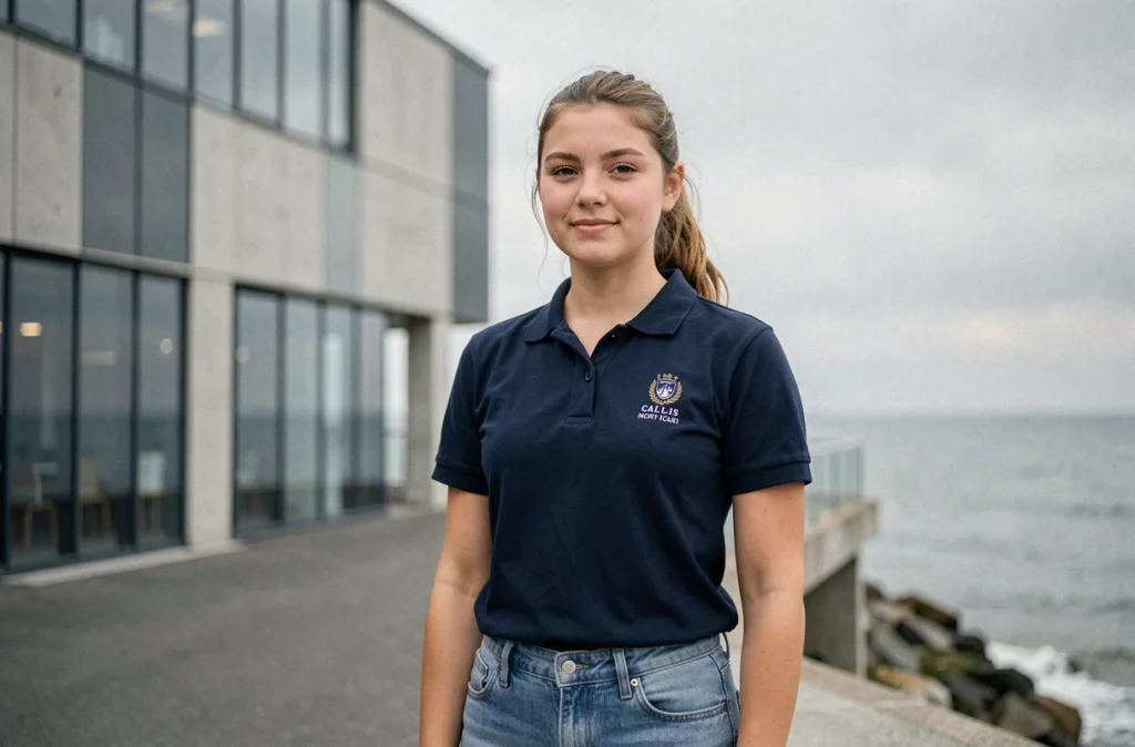Étudiante de l'EILCO Calais devant le campus de l'école publique d'ingénieurs du littoral