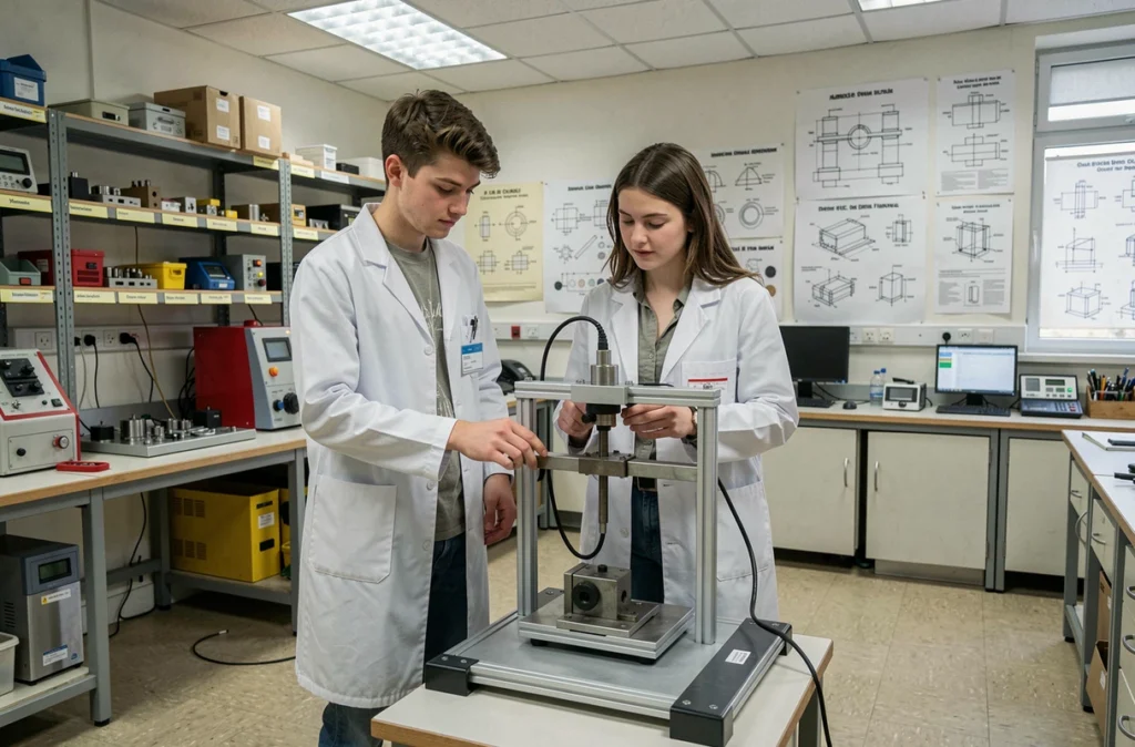 Deux étudiants en cycle ingénieur complet à l'EILCO site de Calais dans un laboratoire pédagogique