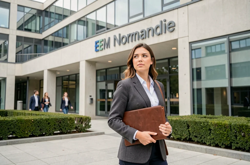 Jeune femme professionnelle devant le campus de l'EM Normandie Compétences