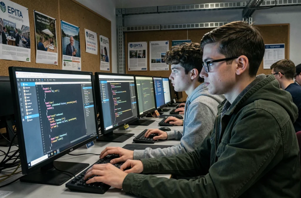 Deux étudiants d'EPITA codant sur des postes de travail dans une salle informatique