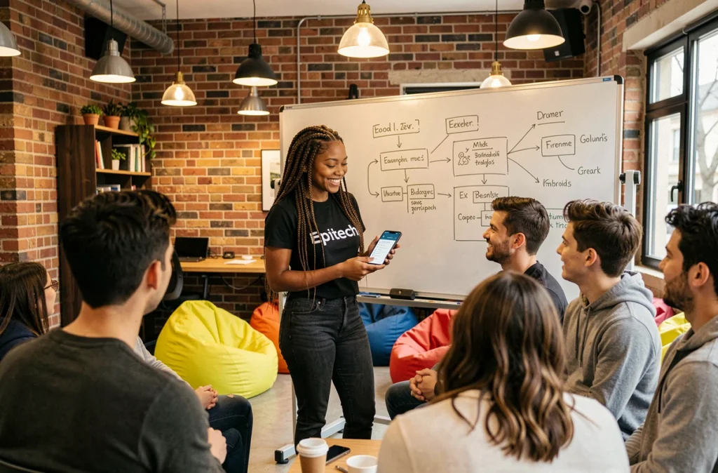 Étudiante d'Epitech Paris présentant un prototype d'application mobile à ses pairs