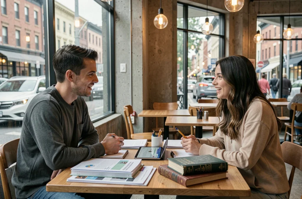 Deux étudiants comparant apprentissage en ligne et méthodes classiques autour d'une table de café avec tablette et livres
