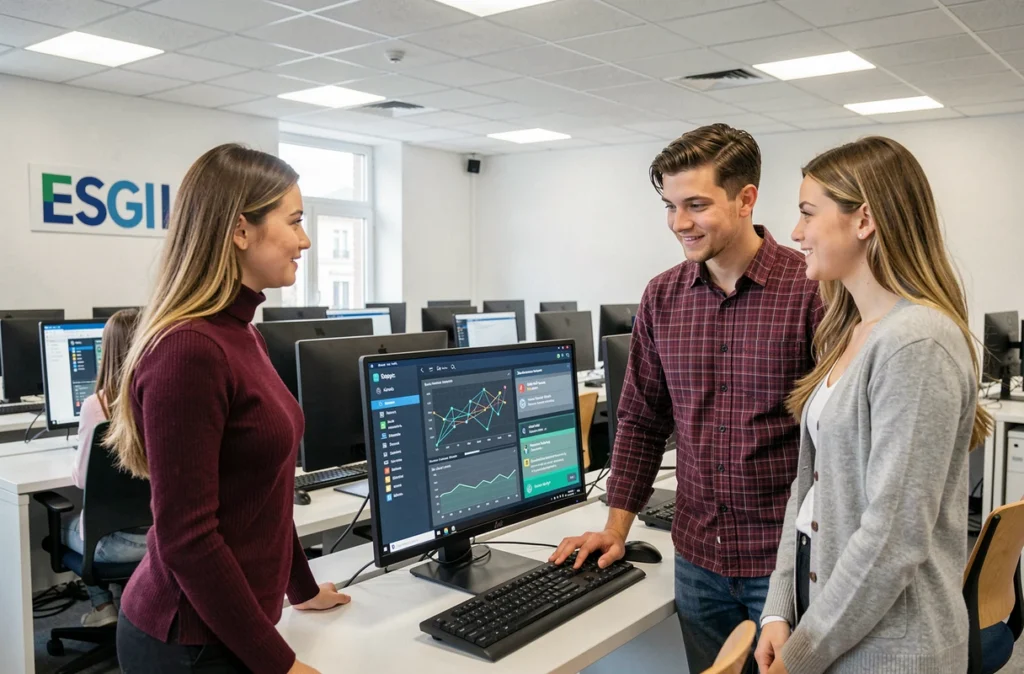 Groupe d'étudiants de l'ESGI Paris analysant un tableau de bord de cybersécurité