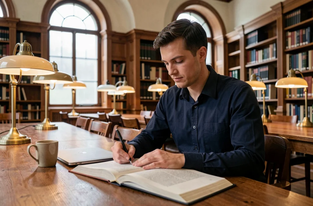 Étudiant concentré prenant des notes dans une bibliothèque universitaire classique entouré de livres académiques