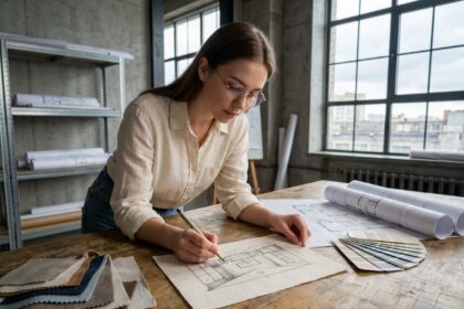 Étudiante en architecture d'intérieur travaillant sur des plans et des matériaux dans un studio universitaire moderne