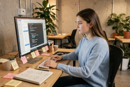 Étudiante en formation numérique concentrée sur son écran de code dans un espace de coworking moderne