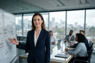 Femme professionnelle présentant en anglais lors d'une réunion d'entreprise avec aisance et confiance