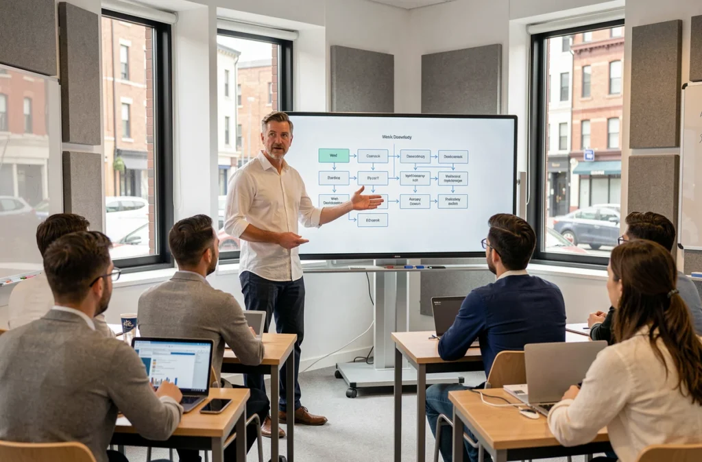 Formateur en développement web présentant un programme pédagogique numérique à des apprenants adultes en salle de classe
