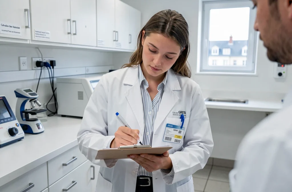 Apprenante du GRETA du Calvados en blouse blanche prenant des notes lors d'un TP en laboratoire