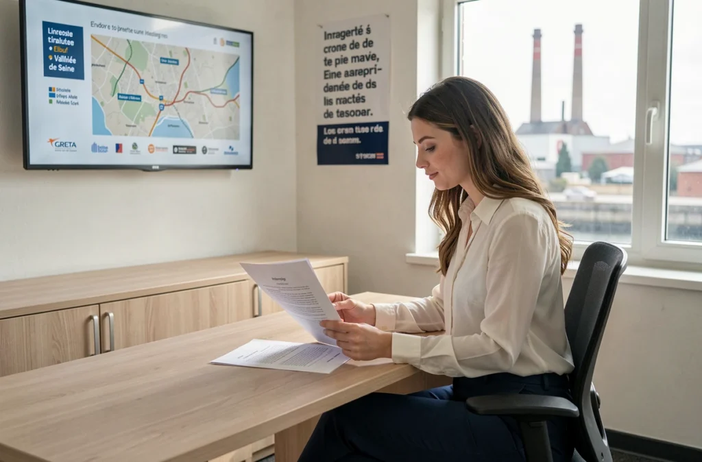 Apprenante du GRETA Elbeuf Vallée de Seine consultant un rapport de stage dans une salle de formation moderne