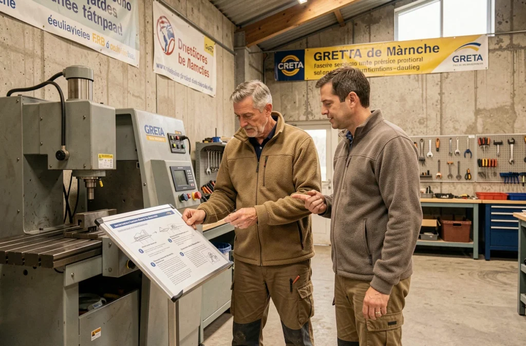 Apprenant adulte du GRETA de la Manche avec un formateur lors d'un exercice pratique sur machine industrielle