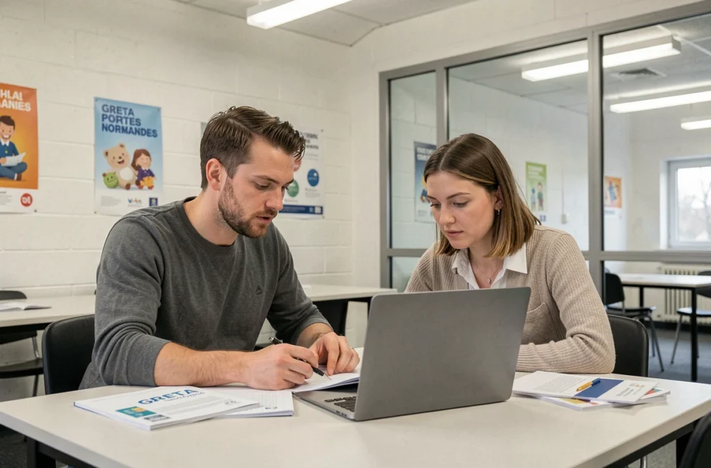 Deux apprenants adultes du GRETA Portes Normandes collaborant sur des supports de formation en salle de cours