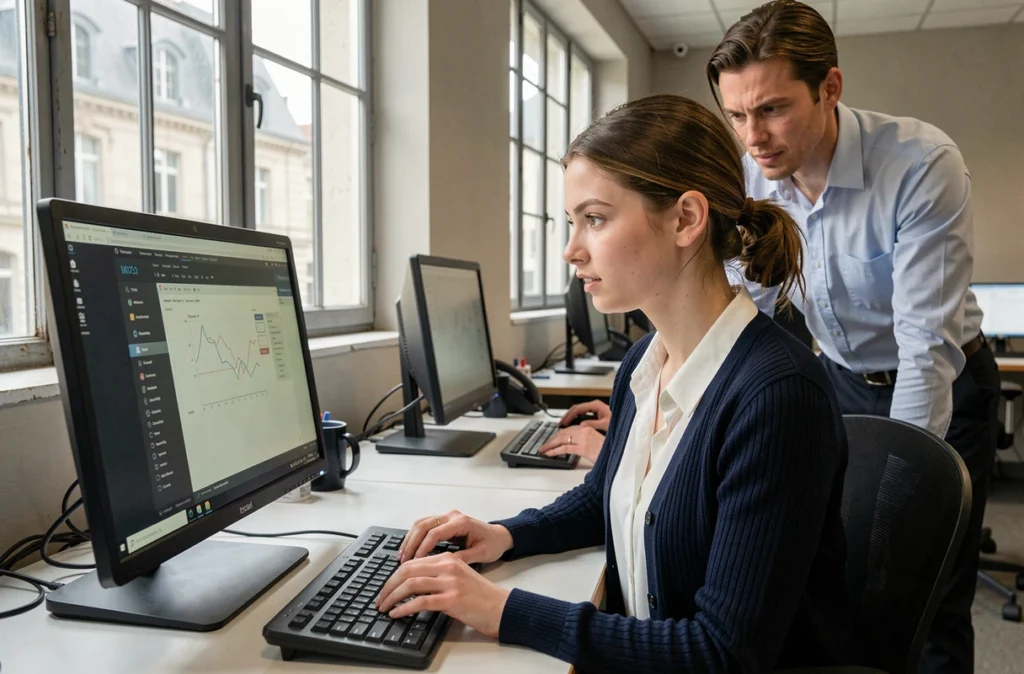 Apprenante du GRETA de Rouen travaillant sur un logiciel professionnel sous la supervision d'un formateur