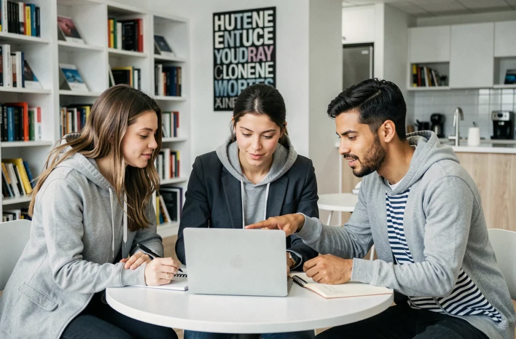 Groupe d'apprenants adultes collaborant sur un projet numérique dans le lounge pédagogique d'une académie digitale