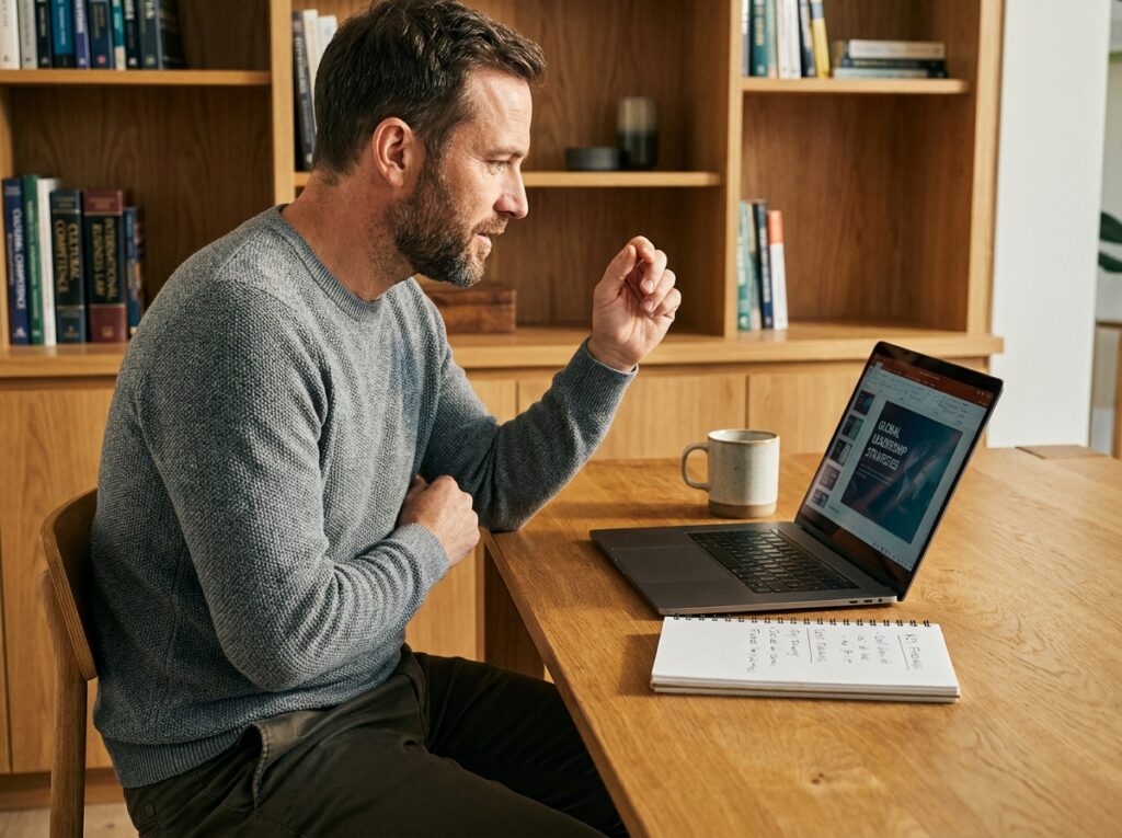 Homme pratiquant l'anglais oral en télétravail devant son ordinateur portable dans un bureau à domicile