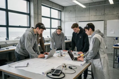 Étudiants en école d'ingénieurs travaillant ensemble dans un laboratoire universitaire moderne du Pas-de-Calais
