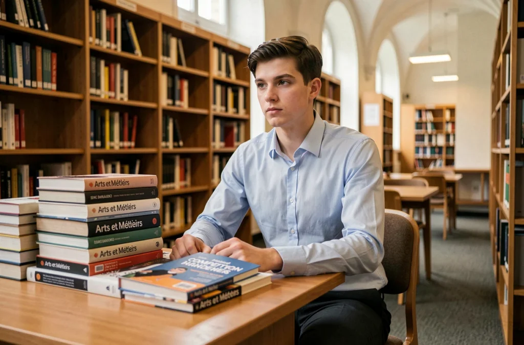 Étudiant préparant l'intégration au réseau Arts et Métiers depuis le Pas-de-Calais dans une bibliothèque de classe préparatoire