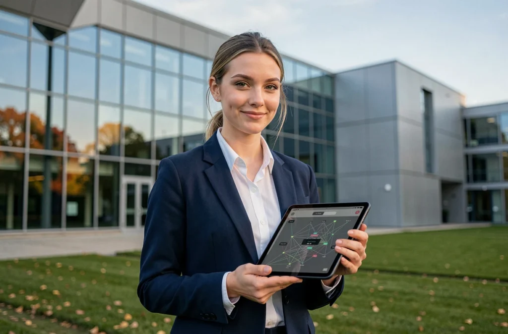 Étudiante de Télécom Paris devant le campus moderne du Plateau de Saclay