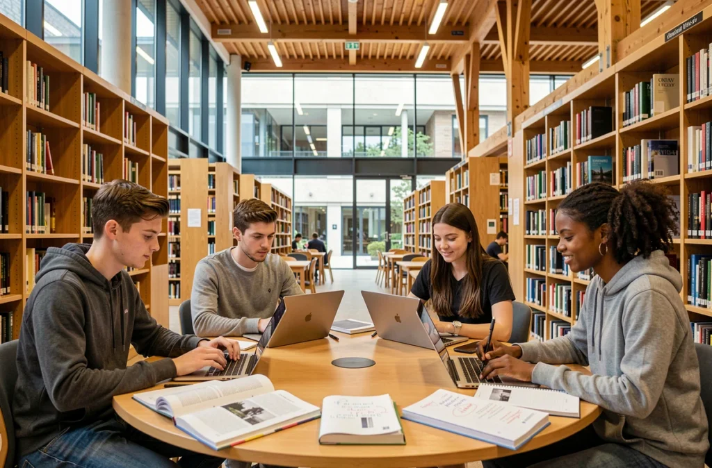 Étudiants de l'Université Paris-Saclay travaillant en groupe dans la bibliothèque universitaire moderne