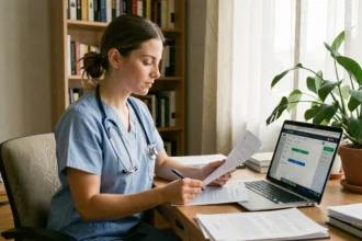 Aide-soignante consultant son dossier Parcoursup sur un ordinateur portable à son bureau à domicile