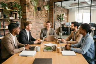 Équipe de jeunes professionnels collaborant autour d'une table de réunion dans un bureau moderne favorisant la culture d'entreprise