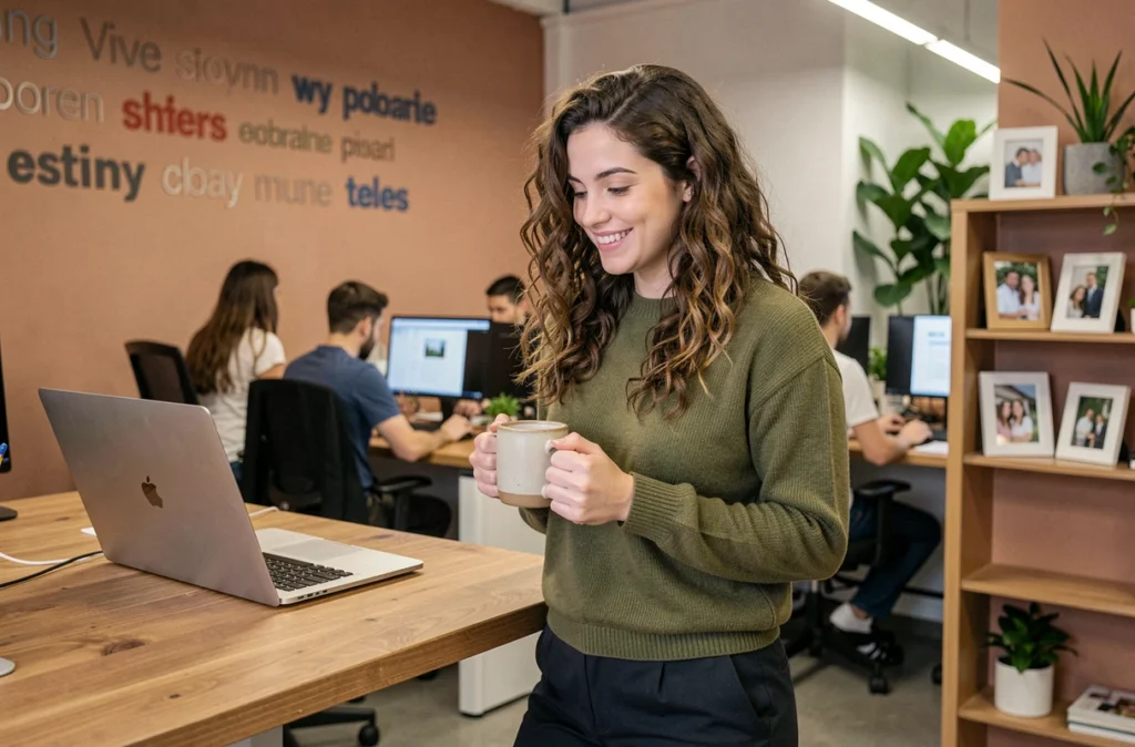 Jeune professionnelle épanouie à son bureau dans un espace de travail moderne reflétant une culture d'entreprise forte et la fidélisation des talents